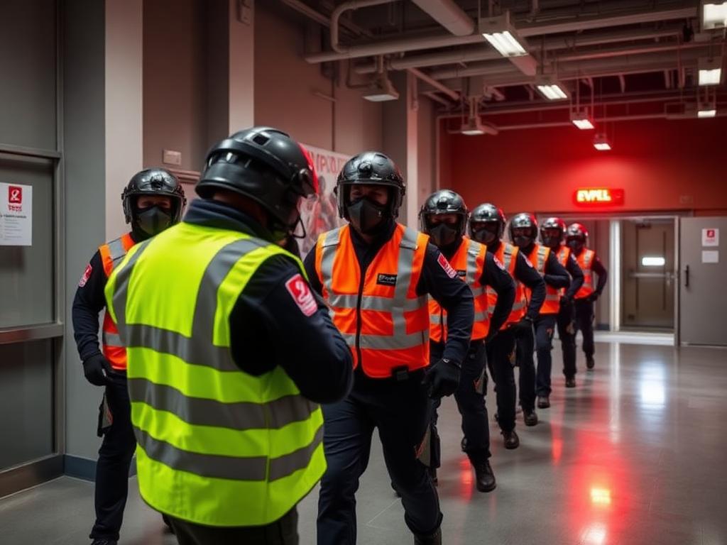 Brigadistas de emergencia practicando evacuación y atención de heridos