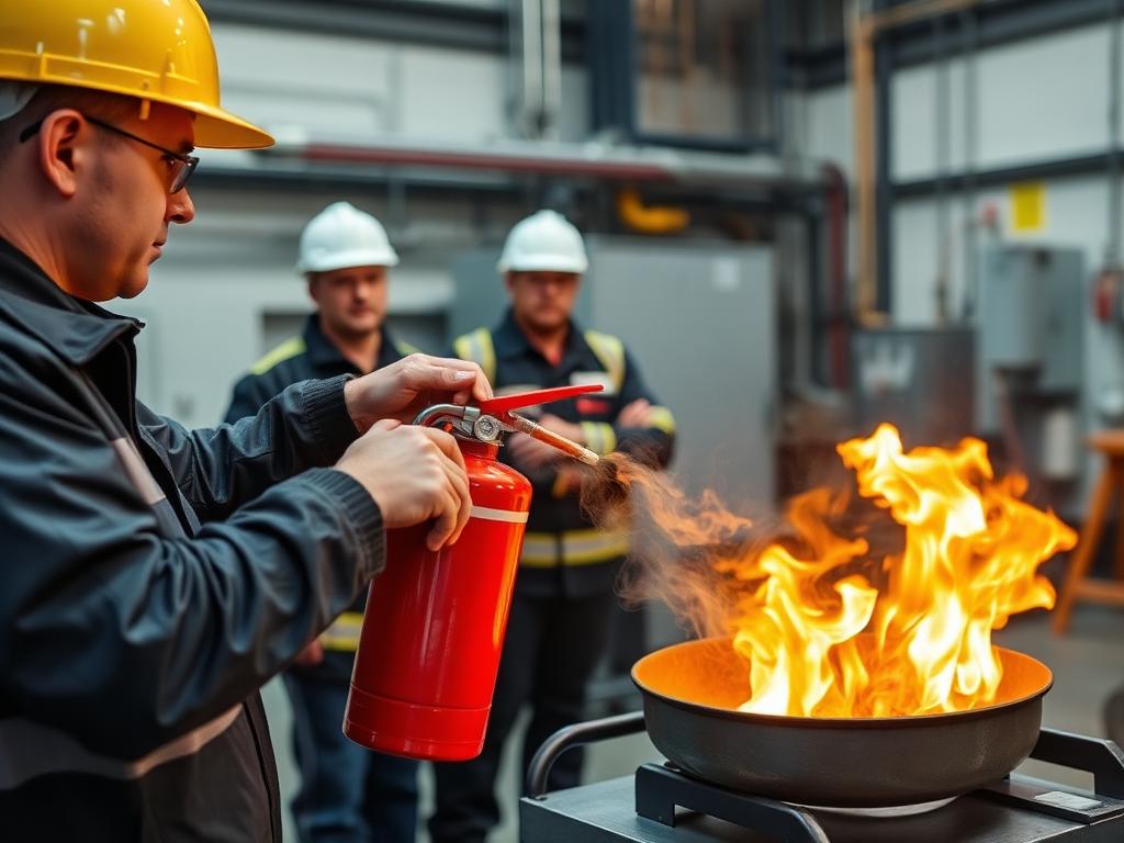 Participante practicando el uso seguro de un extintor portátil contra fuego controlado